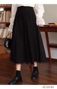 Skirts Black A-line Half-length Dress For Women's Autumn Commuter High Waist Pleated Skirt Vintage Chic Design