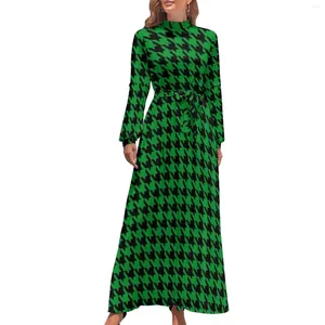 Vestidos casuais retro houndstooth vestido manga longa preto e verde moderno maxi cintura alta streetwear design boho praia presente