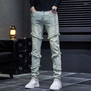 Jeans da Uomo Patchwork Belli e Personalizzati con Fori sui Bordi Grezzi Tendenza Vintage Versatile Giovane per Uomo