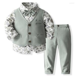 Clothing Sets 4Piece Spring Kids Clothes Boys Fashion Gentleman Print Cotton Baby Tops Vest Pants Tie Children Boutique BC1899-1