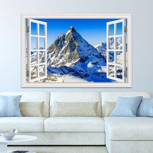 Wall Stickers Decal Art Fake Window Wallpaper Kitchen Bedroom Decor Snow Mountain Lake Winter Modern Landscape 3D Sticker