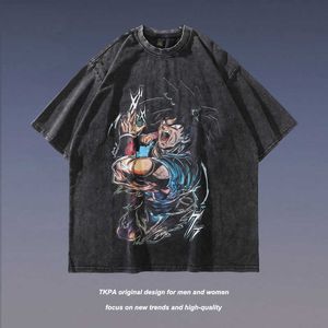 Mężczyźni i kobiety T-shirtstkpa High Street Washed Anime Print T-shirt Krótkie rękaw