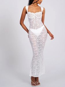 Sıradan Elbiseler Beyaz Çiçek Dantelli Maxi Fishtail Elbise Kolsuz Zarif Seksi Kadın Görüş-Ortak Backless Party Düğün Konukları Giydi