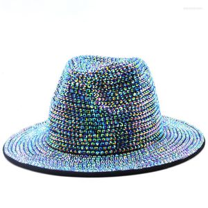 Berets Designer Fashion Shining Wool Felt Panama Jazz Fedora Hats For Women With Crystal Diamond Wedding Luxury Caps