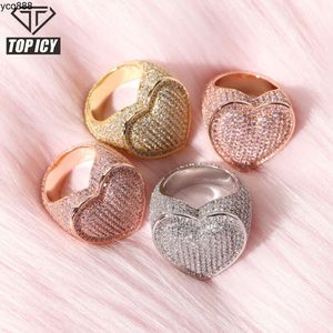 Iced Out Pink Heart Ring Ins Hot Selling Bling Rose Gold Big Size Heart Shape Party Ring CZ Micro Setting Shiny Heart Ring