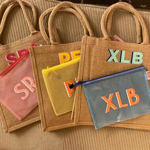 Sacos de armazenamento personalizam compras de juta Carryall Beach Tote com bolsa de piscina Nome personalizado Hanfiletria Bridesmaid Gifts