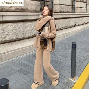 Kvinnors tvåstycksbyxor 2023 Höst- och vinterkassemirtröja stickad Löst bred benbyxor set koreanskt mode
