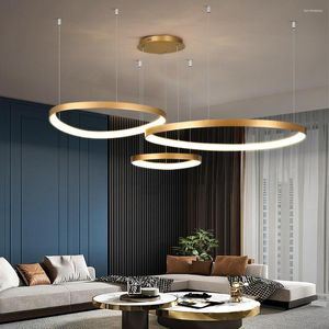 Lustres de lustre criativo moderno para a sala de jantar led decoração de casa led de iluminação interna Rings Design Design Lamp Lamp Gold/Wood Grain Light