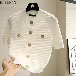 Women's Knits Summer Woman Cropped Cardigan Women Sweaters Elegant Button Short-Sleeved Knitted Cardigans Sweater Female Jacket Coat 2023