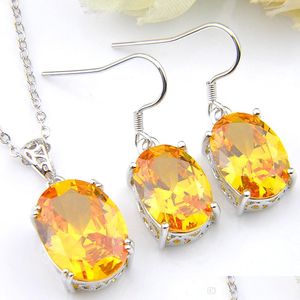 Diğer Mücevher Seti Luckyshine Düğün Takı Setleri Oval Citrine Gems 925 Sterling Sier Kübik Zirkonya kolyeleri Küpe Drop Lady Dhmnn