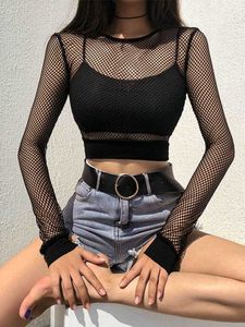 Kvinnors t-shirt sexig svart ihålig mesh t-shirt kvinnlig mager skörd topp 2023 nya mode sommar grundtoppar för kvinnor fisknätskjorta p230328