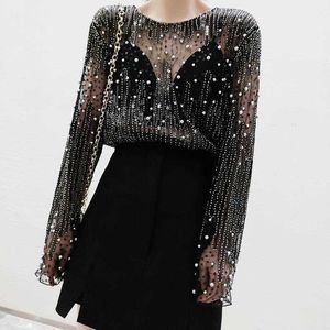 Women's T-shirt Spring Women Sequins Chiffon Blouses Perspective Mesh Spliced T-shirts Pearls Beaded Sexy Hollow O-neck Tees Crop Tops P230328