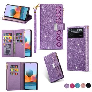 Luxury Flip Glitter Leather Wallet Bag Case For Xiaomi POCO X5 Pro 5G C55 X3 NFC M4 M3 X4 Pro X4 GT M5S M5 F4 C40 Card Holder Bling Case