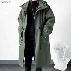 Herrgravrockar 2023 Spring Autumn Army Green Windbreaker Fashion Men Mid-Längd Casual Hooded Coat Men Daily High Street Overcoat Clothl231123