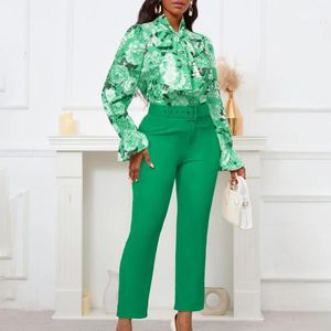 Women's Two Piece Pants -Selling Fashion Printing Set African Women Elegant OL Flower Lace Up Chiffon Shirt Belt