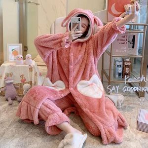 Women's Sleepwear Sweet Hooded Princess Pajamas Women Winter Coral Velvet Thick Cute Bathrobe Nightdress Pink Kawaii Cartoon Nightgown