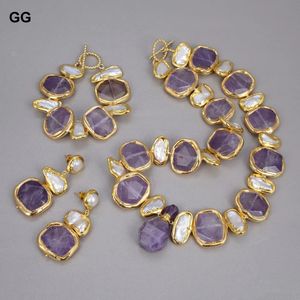 Hochzeitsschmuck-Sets GuaiGuai Natürliche Süßwasserweiße Biwa-Perle Grüner Nugget-Amethyst Vergoldeter Anhänger Halskette Armband Ohrringe 231123