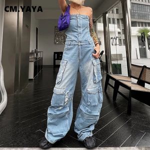 Macacões femininos macacão cm yaya mulheres sem alças botão frontal órgão bolso carga denim macacão 2023 outono rua playsuit terno romper jeans 231123