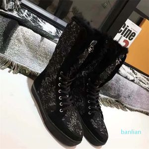 Lange Stiefel des Designers, klassische Wollstiefel aus Segeltuch für Wärme, bedruckt mit flachem Boden und knielang