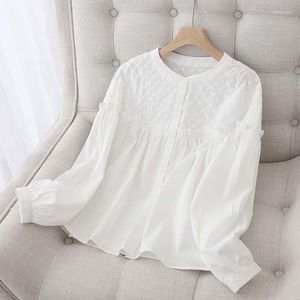 Damenblusen Hochwertige Bluse Einfacher Klassischer Koreanischer Stil Für Frauen Stehkragen Langarm Weißes Baumwollhemd Weibliche Vintage Tops