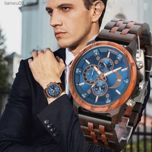 腕時計男性用男性用木製の腕時計クロノグラフファッション腕時計ビジネスブルーウッドメンズウォッチクロックreloj madera hombreq231123