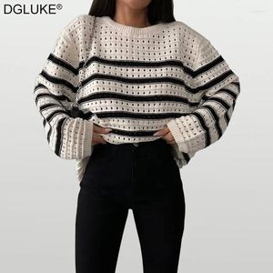 Women's Sweaters Black And White Striped Sweater Woman Hollow Out Knitted Jumper Oversized Autumn Winter Pullover Knitwear