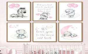 Gemälde Baby Mädchen Zimmer Dekoration Bilder Elefant Zebra Teddybär Rosa Kindergarten Niedliche Wandkunst Leinwand Malerei Nordic Poster A8269575