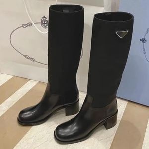 Luxury boots triangle panelled logo boots thigh high chunky block heel leather nylon sole women designers knight boots party dress shoes fashion knee boots