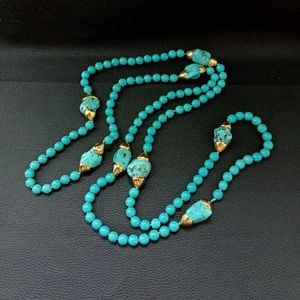 Pendanthalsband Yygem 52 '' 8mm Blue Turquoise Round Yellow Gold Plated Freeform Turquoise Long Sweater Chain Necklaciel231123