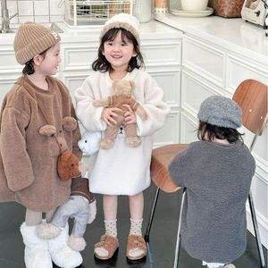 Платья для девочек, детская одежда, платье для девочек, осенне-зимнее плюшевое милое толстое пальто в корейском стиле, детское теплое однотонное пальто