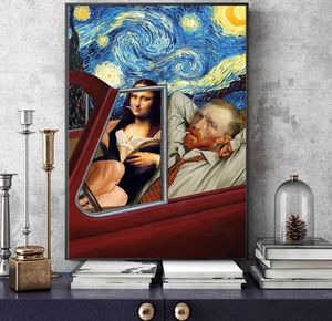 Komik Art Van Gogh ve Mona Lisa Sürüş Tuval Posterleri Soyut Tuval Duvar Resimleri Üzerinde Sigara Yağlı Boyalar Ev Duvar Dekor8816526