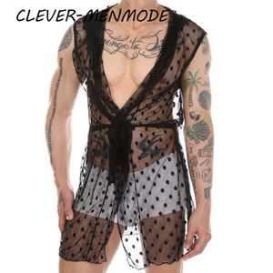 Sexy ultra-fino transparente camisola masculina saia cardigan roupão sem mangas com capuz camisola clara