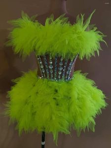 Palco desgaste brilhante fluorescente verde lantejoulas strass vestido para mulheres festa cheerleader mostrar desempenho dança traje nightclub outfit