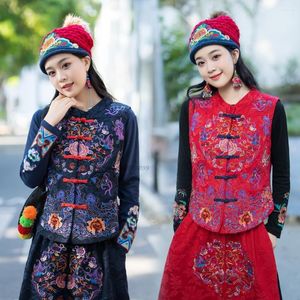 エスニック服2023フラワー刺繍厚いベスト女性中国のヴィンテージ伝統的なコットンリネンジレ女性ノースリーブタンスーツ