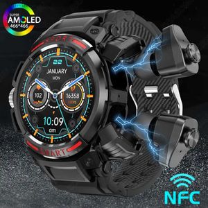 Wristwatches 2023 New 3 in 1 Men Smart Watch With TWS Earbuds AMOLED Bluetooth Headset Smartwatch With Speaker Tracker Music Sports WatchesQ231123