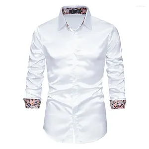 Erkekler Elbise Gömlek Saten İpek Patchwork Gömlek Erkekler için Sıradan Pürüzsüz Yumuşak İş Uzun Kollu Kemez Hombre Moda Düğün Prom Partisi