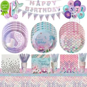 New Mermaid Disposable Tableware Set Little Mermaid Paper Plates Cup Tablecloth Table Cover Kids Mermaid Birthday Party Decoration