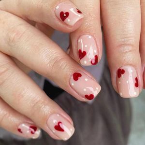 False unhas 24pcs vermelho francês unhas arte fofa amor coração Mini curto acabamento curto, pressione com cola atacado