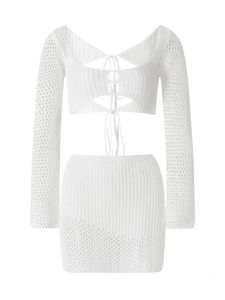 Skirt s 2 Piece Crochet Skirt Set Long Sleeve Low Cut Hollow Out Crop Top with Tie Front and High Waist Bodycon Short 231123