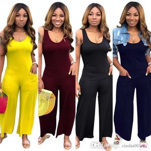 Plus Size Clothing Women Jumpsuits Casual Solid Color Wide Leg Long Pants With Pockets Sexy Sleeveless Rompers Nightwear