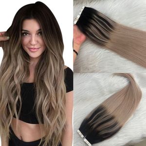 Ombre Tape in Human Hair Extensions Black Fading to Ash Blonde Balayage Seamless Tape on Hair Extension 100g/40pcs