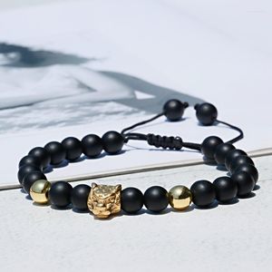 Braccialetto con ciondoli a filo Uomo Bracciale in acciaio inossidabile con perline leopardate Braccialetti in pietra nera fatti a mano Braccialetti Pulseira Masculina