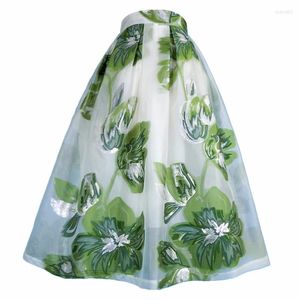 Röcke 2023 Sommer Stilvolle Mori Mädchen Vintage Ästhetische Elegante Koreanische Mode Lang Grün Für Frauen Blumenstickerei Organza