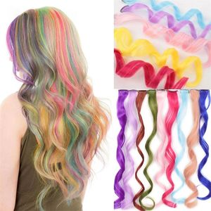 Synthetische lange lockige Frauen hitzebeständiger Clip in Haare Erweiterung Haarteil Goldgrau Purpur Pink Red Bunte Fusion Extension