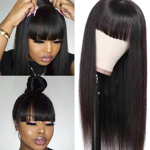 Full Bangs Natural Black Long Silkesy Straight Peruk med babyhår värmebeständig Glueless syntetiska ingen spets peruker för mode svarta kvinnor