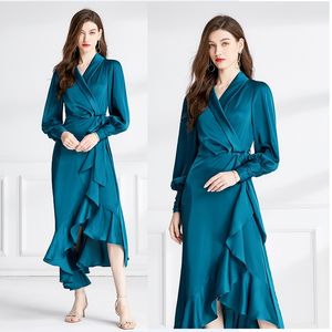 2023 Designer Silk Blue Wrap Maxi Dress Women Lantern Sleeve V-Neck Belted Side Bow Wed Party Elegant Dresses Autumn Winter Vacation Slim Ruched Ruffles Frocks