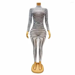 Scene Wear Women Långärmning Mesh Rhinestones Jumpsuit Elastic Black White Stripes Leotard Sexig nattklubb Tät danskostym