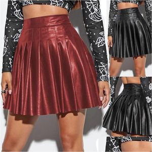 Skirts Spring Autumn Women Black Faux Leather High Waist Club Pleated A Line Solid Color Mini Short Skirtsskirts Drop Delivery Apparel Dhm1Y