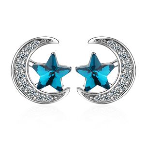 Stud Earrings 925 Silver Zircon Stud Earrings Women's Sparkling Blue Star and Moon Crystal Stud Luxury Wedding Party Jewelry