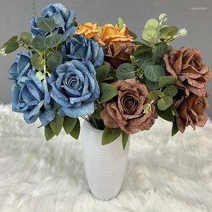 Dekorativa blommor brud bröllop bukett 9 huvuden rose brudtärna konstgjorda siden blommor diy tillbehör